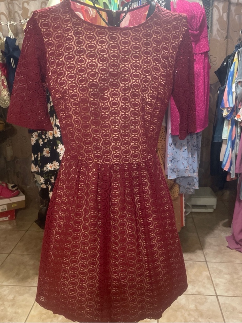 B Darlin Burgundy Lace Fit-and-Flare Mini Dress
